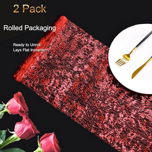 Snowkingdom 2Pcs Red Table Runner Roll Sequin Glitter Metallic Foil Sparkly Mesh Lace 108 Inches Centerpieces Table Decoration for Romantic Wedding Anniversary Birthday Hibachi Christmas Holiday Party