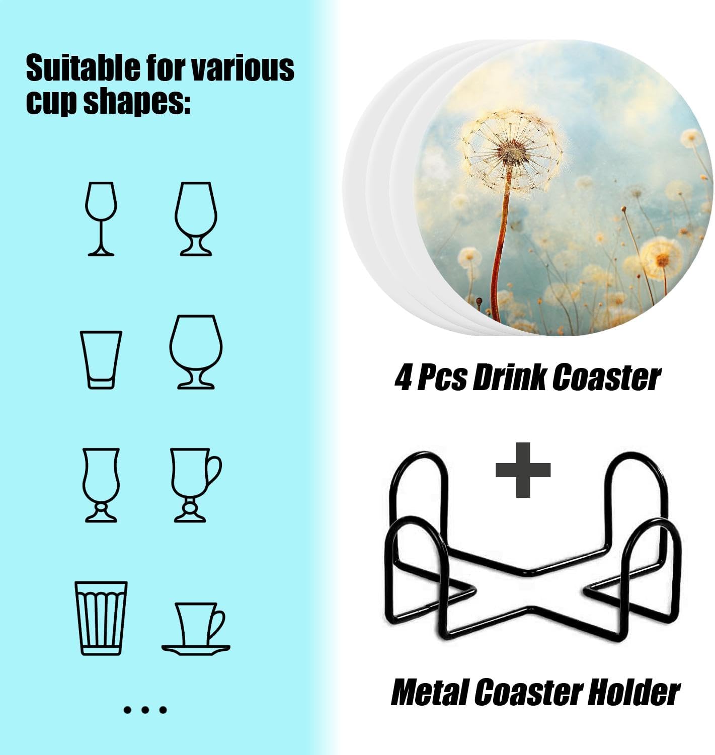 Spring Floral Dandelion Flower Style Ceramic Coasters / 4 In / Color0509 / White / Set of 4