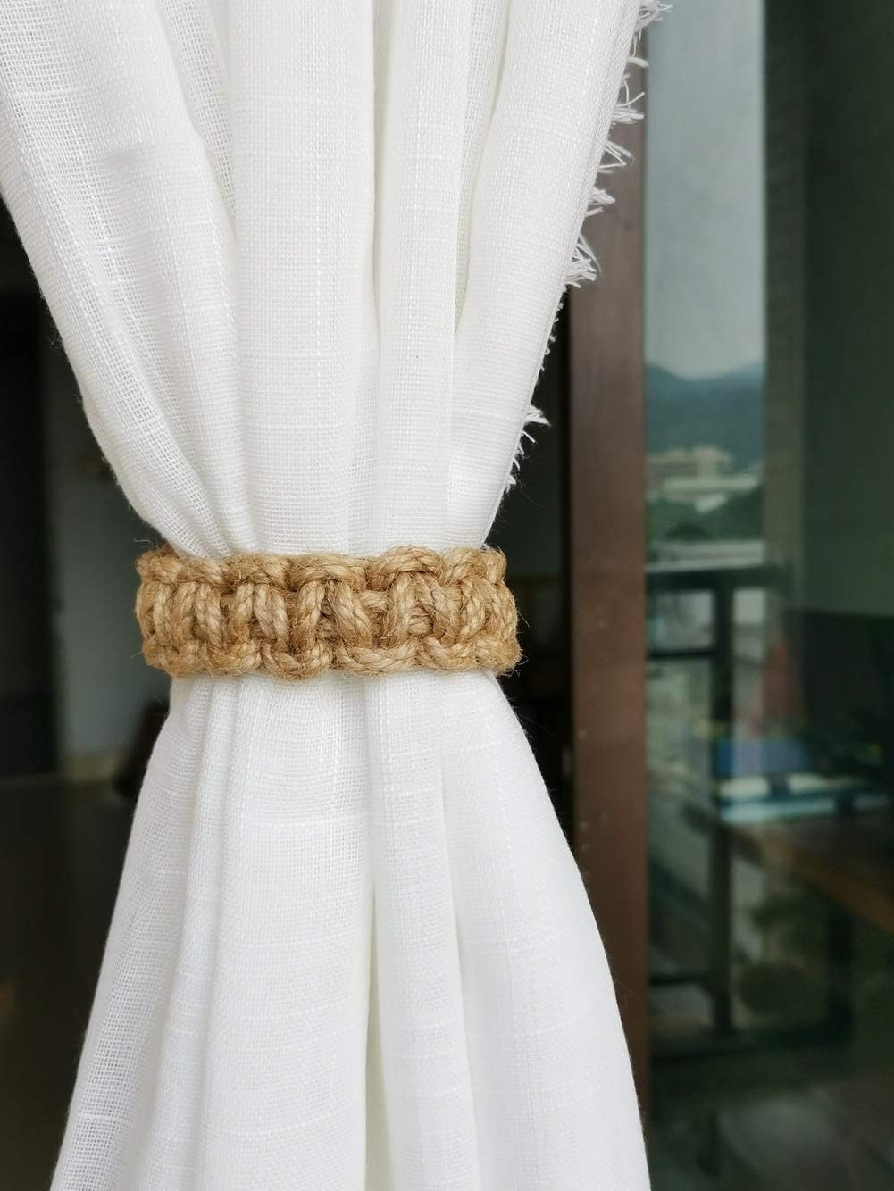 Braided Outdoor Curtain Tiebacks for Drapes, Rustic Curtain holdbacks 4 Pack, Handmade Decorative Curtain Ties for
