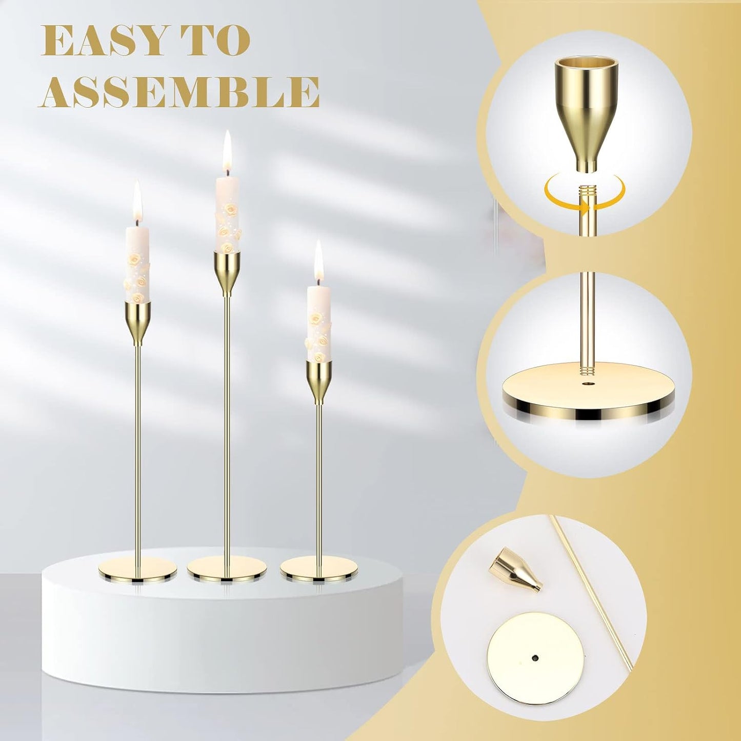 27 Pack Candles Holders, 9 Sets Metal Taper Candlestick Holders,Gold | Fit 0.75 Inch Thick Pillar Candles, Modern