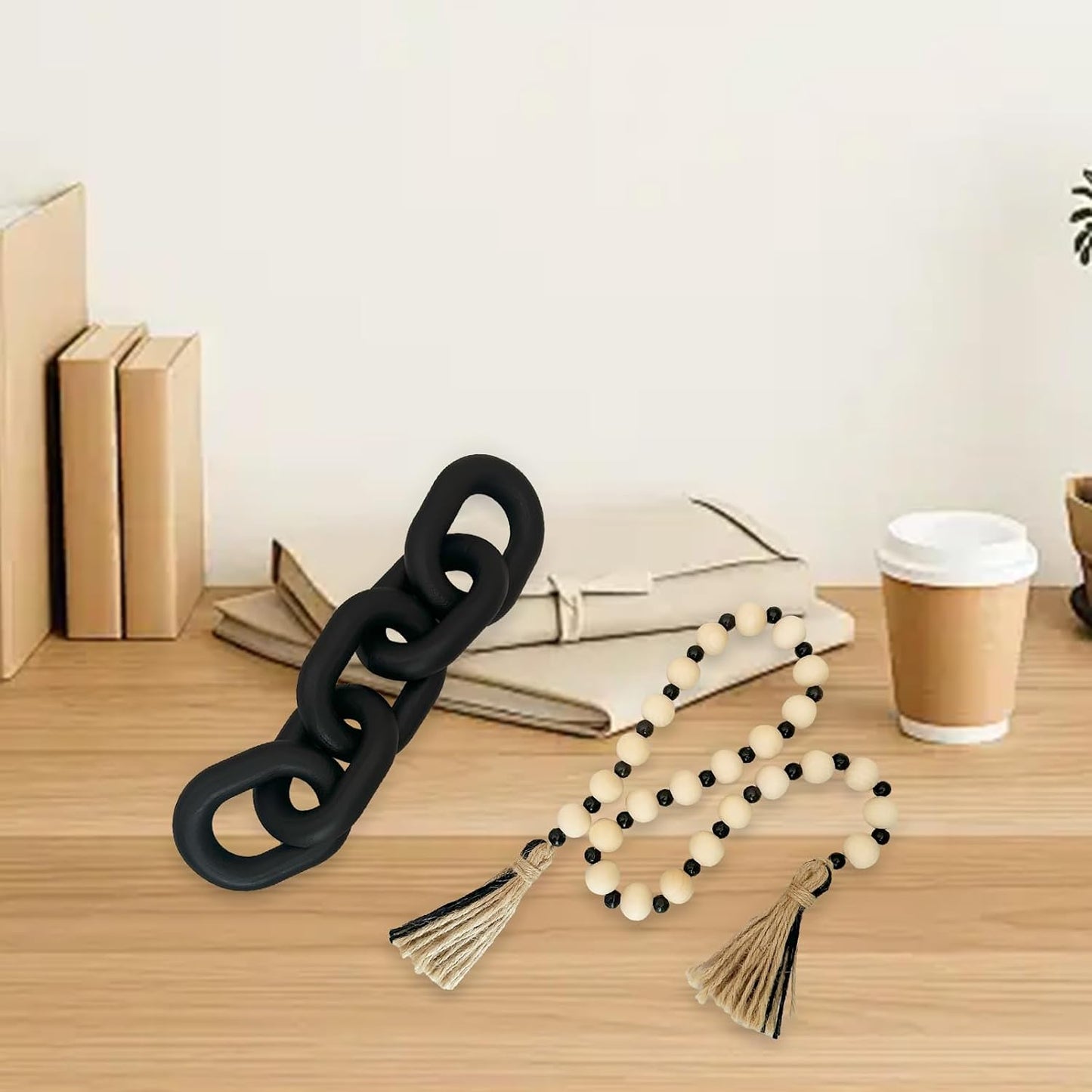 Decorative 5 Link Wooden Chain Decor and Bead Boho Farmhouse Rustic Home Table / Black / Set of 2