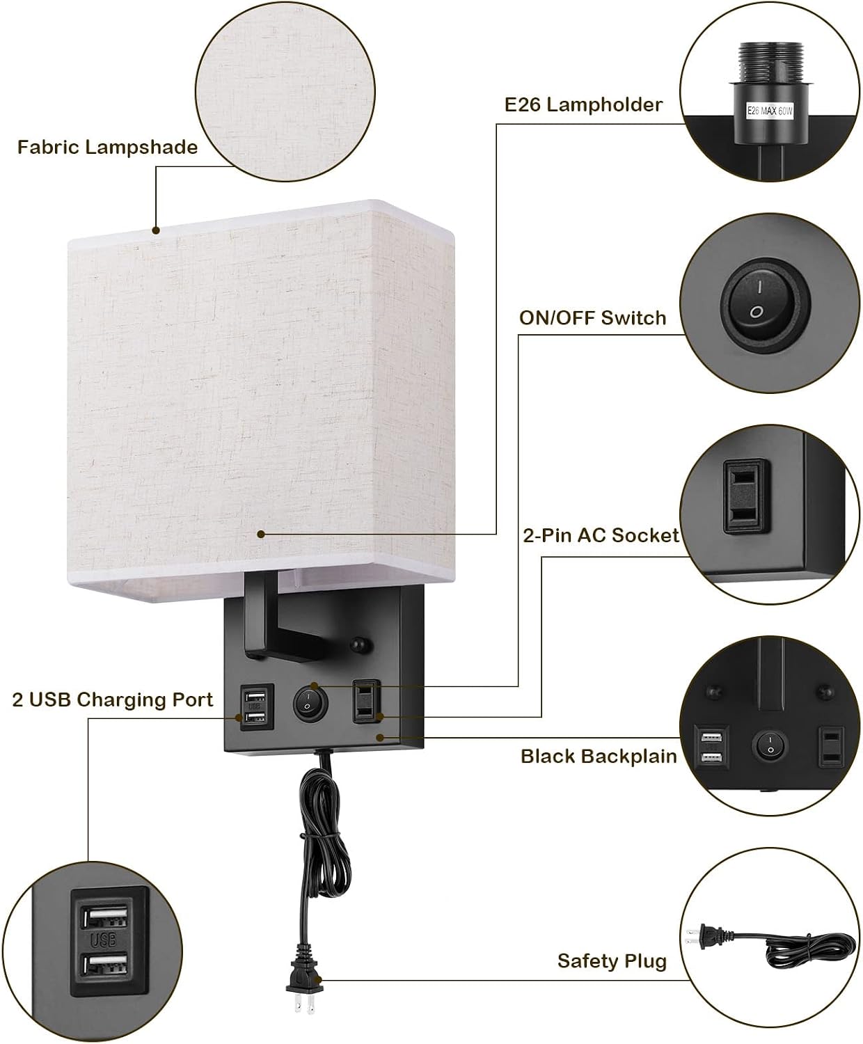 BTY Modern Wall Sconces Set of 2, Wall Lamps Bedroom Plug in with USB Charging Ports AC Socket Sconces Wall Lighting