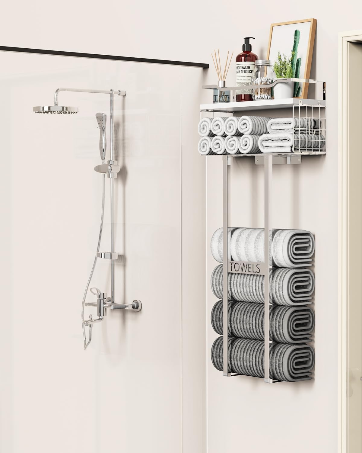 Aetyord Towel Racks for Bathroom - Wall Mounted Metal Rack with Wood Plank, Bathroom Storage Organizer, Towel Holder