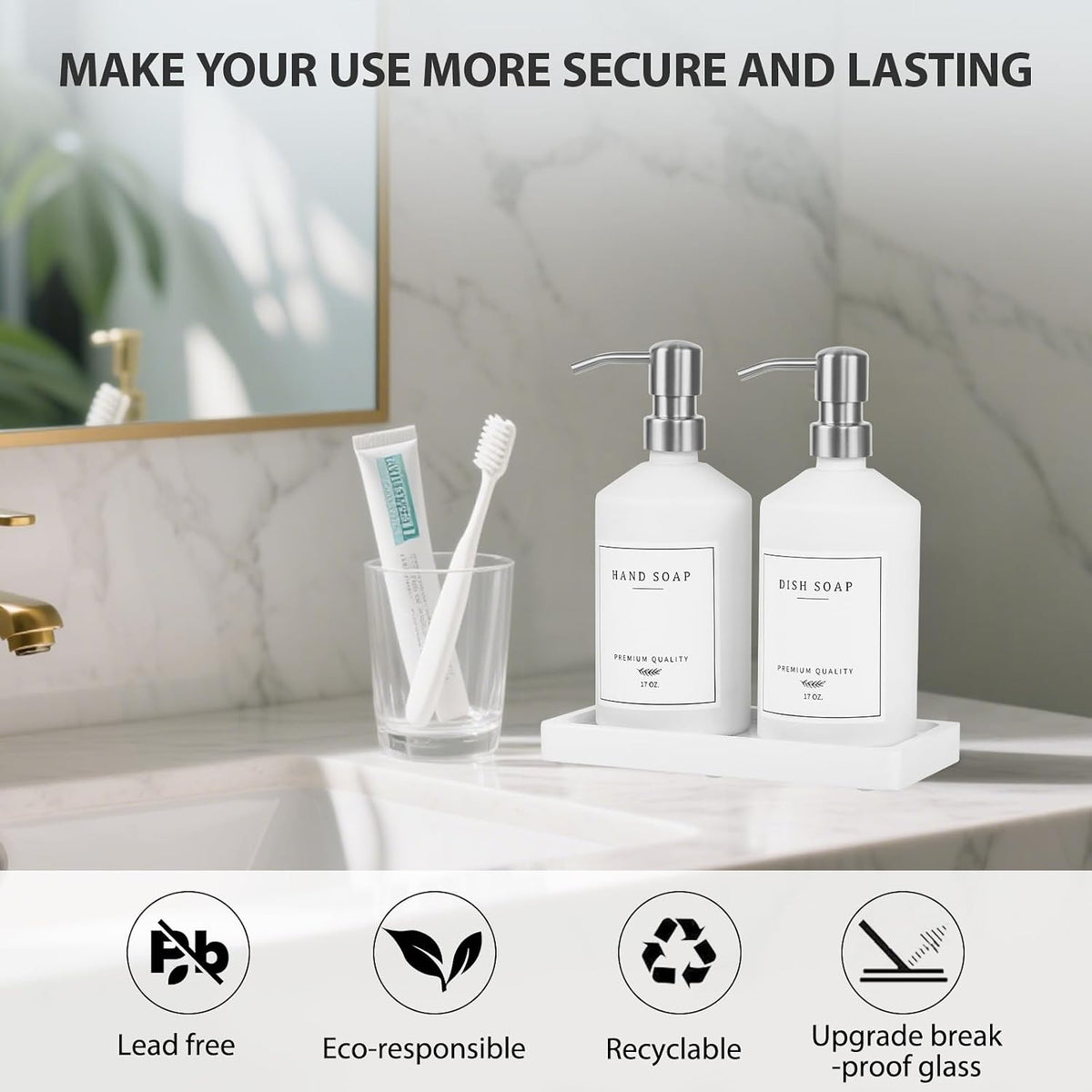 White Glass Soap Dispenser for Kitchen, Dish and Hand Soap Dispenser with Silver Stainless Steel Pump, Modern Kitchen