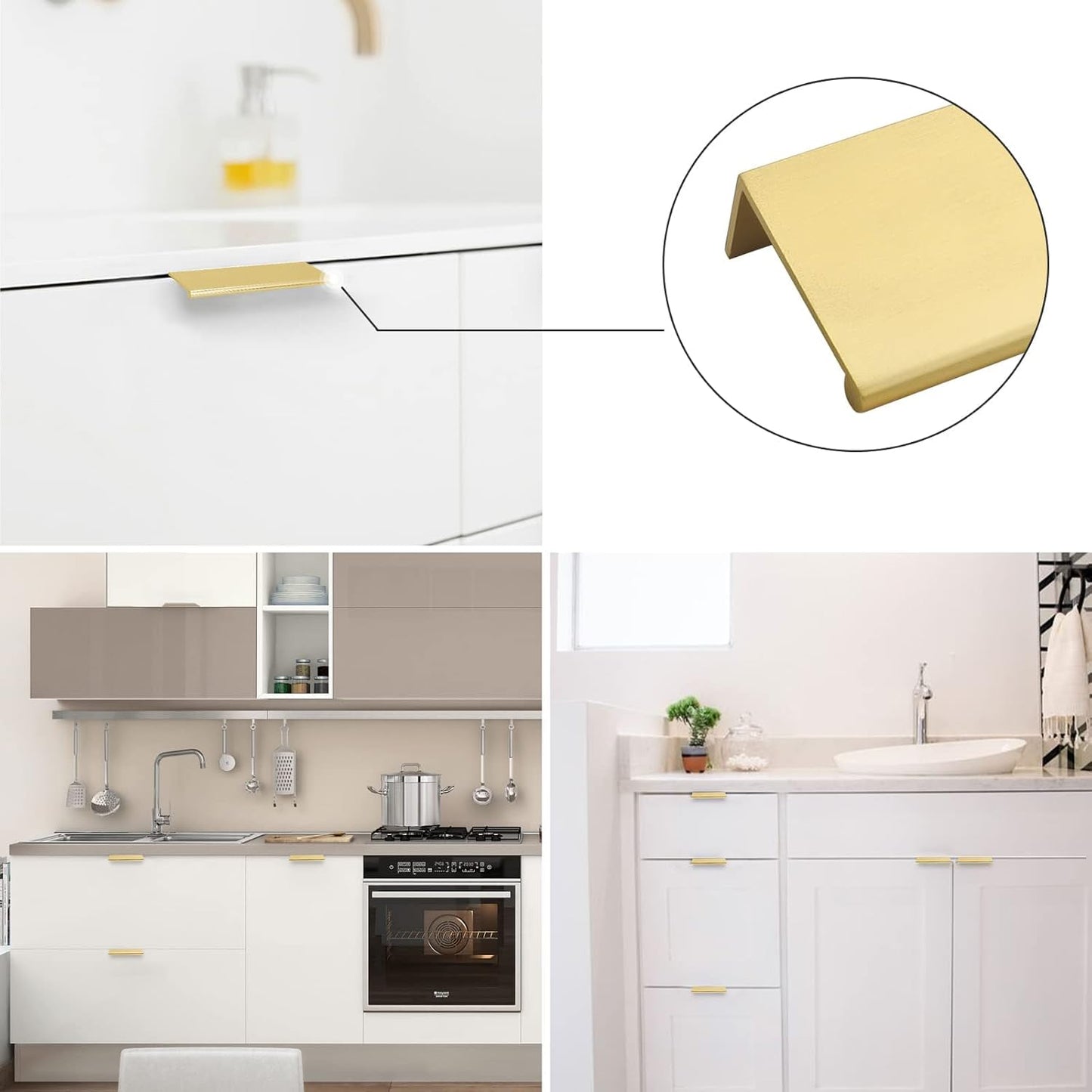 Edge Pulls for Cabinet Kitchen Cabinet / Hole Center: 6-1/4in / Matte Gold / 4 Inch / Set of 10