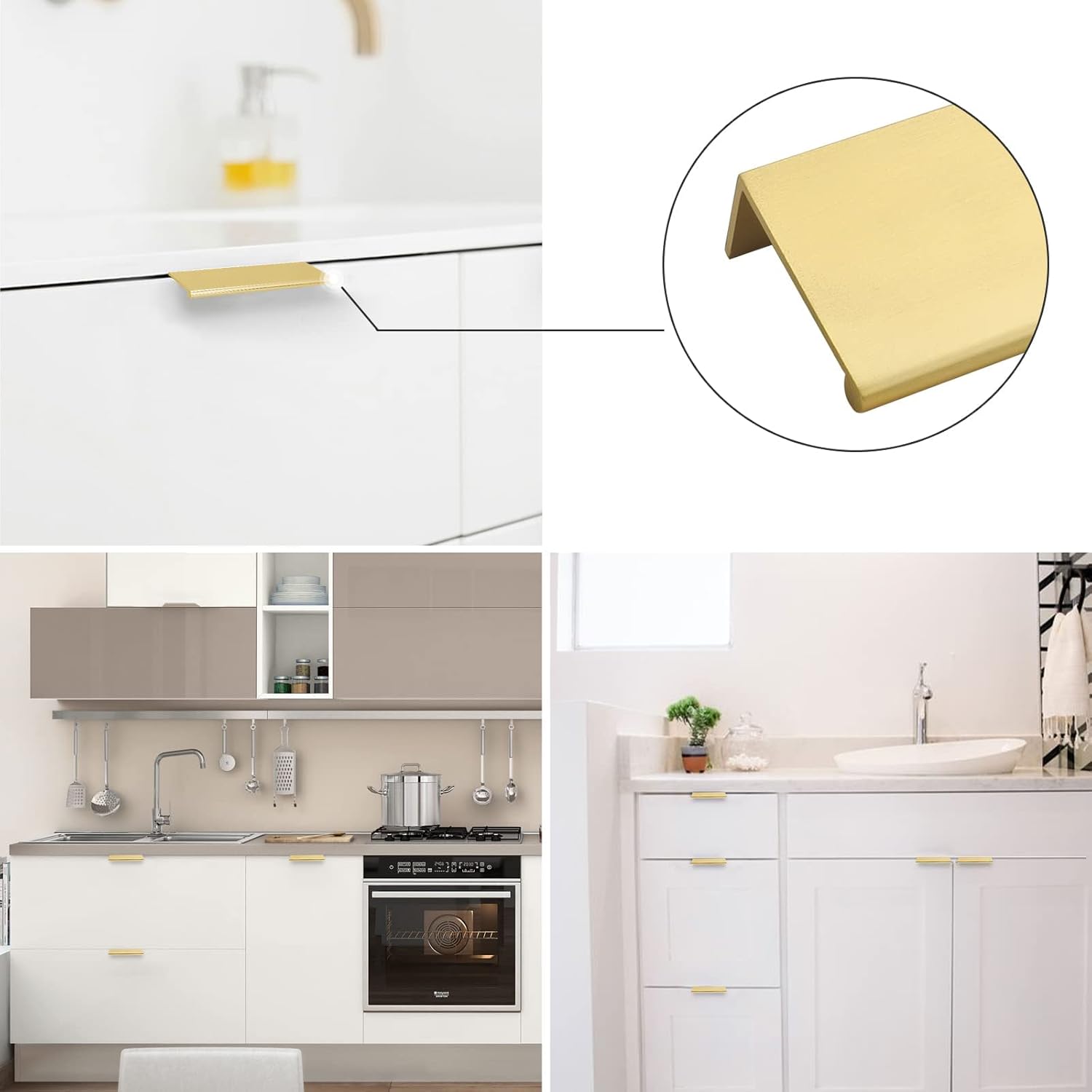 Edge Pulls for Cabinet Kitchen Cabinet / Hole Center: 6-1/4in / Matte Gold / 4 Inch / Set of 10