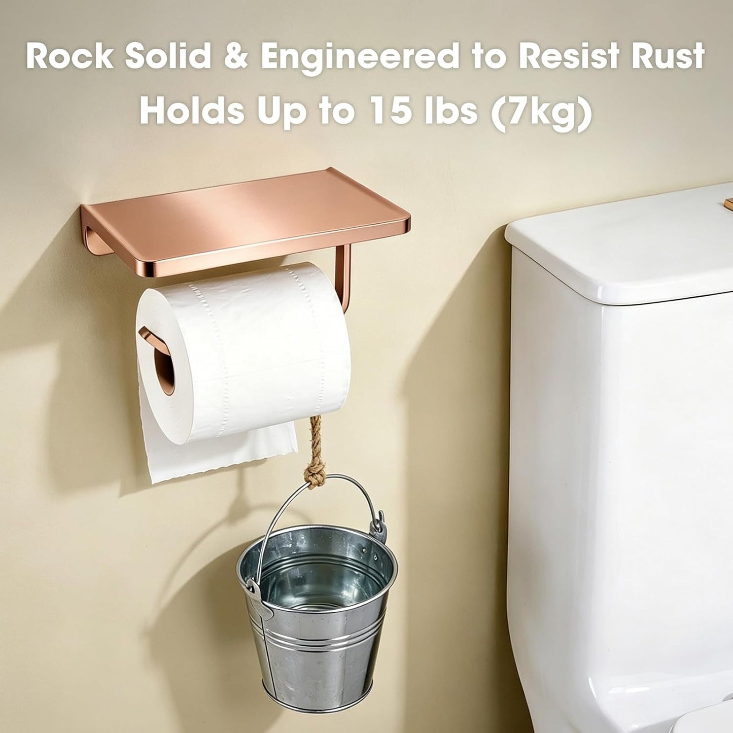 TRUSTMI Toilet Paper Holder with Shelf & Phone Stand, Plated Brushed Gold | Solid zinc alloy holder holds 15 lbs and