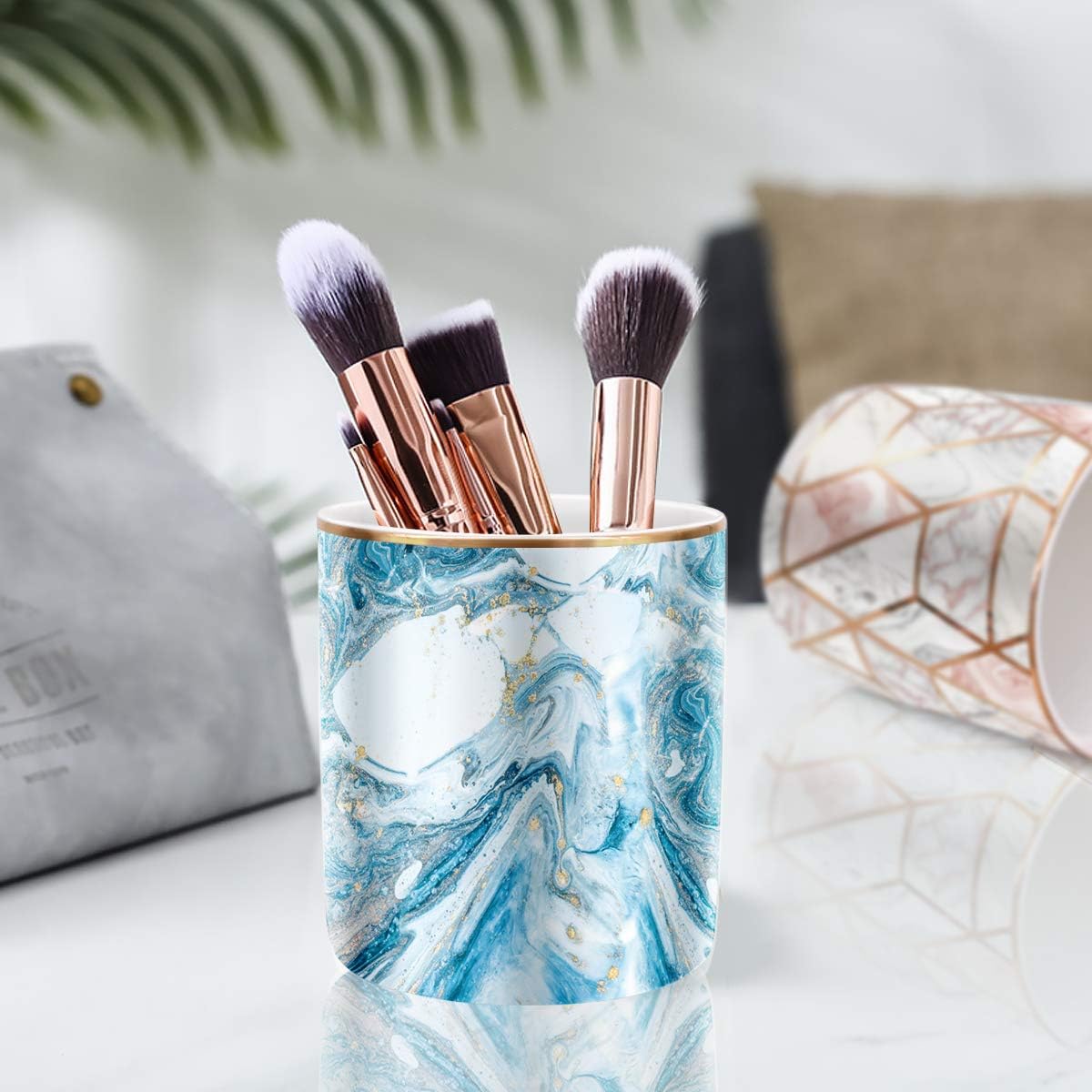 Durable Ceramic Pencil Cup Holder Marble Design Makeup Cups / Blue Marble