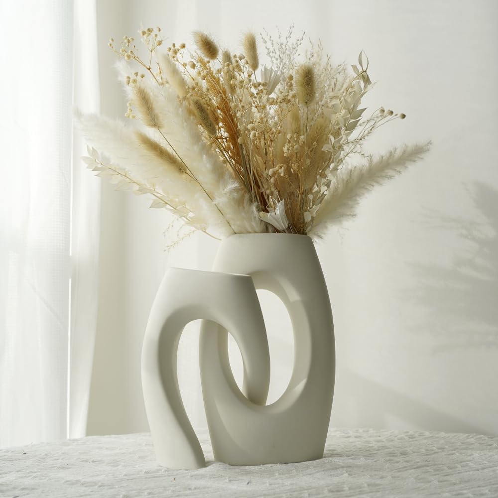 White Ceramic Vase / Champagne-colored Flowers and White Vase / Set of 2