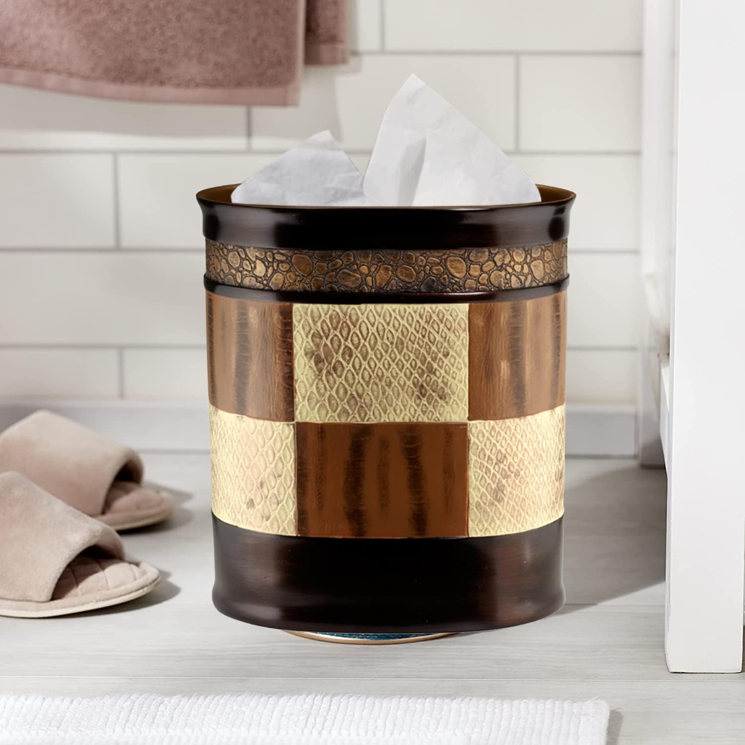 Zahari Home 2pc Zambia Animal Print Bath Accessories Set Waste Basket & Tissue Box Modern Classic Contemporary