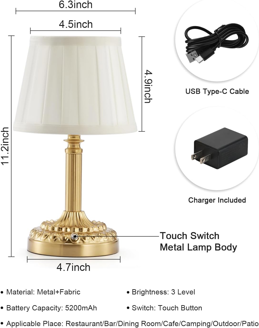 Small Cordless Table Lamp for Restaurant, 5200mAh Rechargeable | Battery Operated Lamp, Portable Dimmable Touch, Warm
