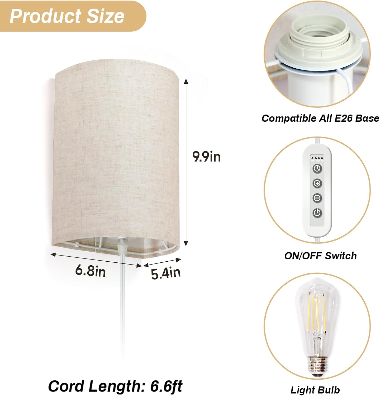 FINCMY Wall Sconce Light Plug in, Dimmable Sconces Wall Decor Set of 2, Stick on Wall Lights for Bedroom Living Room