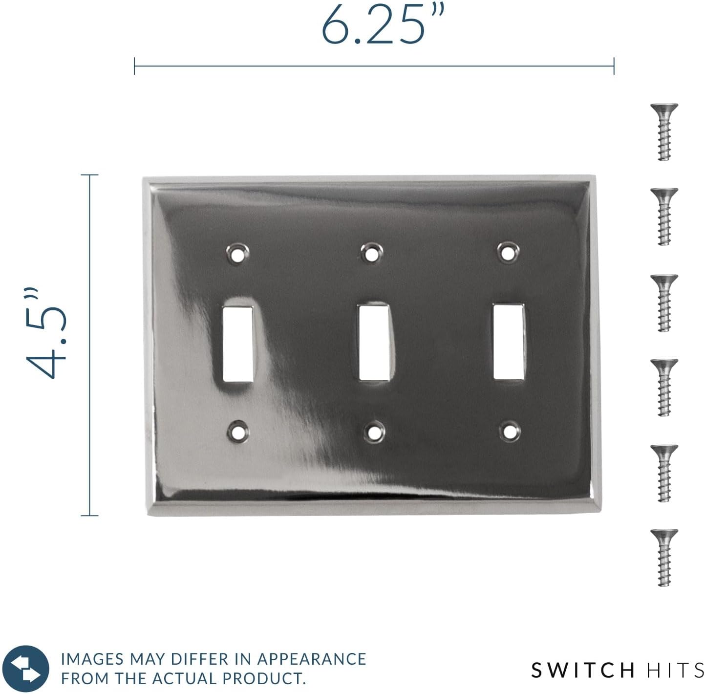 Polished Nickel Outlet Wall Plate | 3 Toggle | 6.25" x 4.5" | Hand-Polished Brass Construction | Electrical Switch