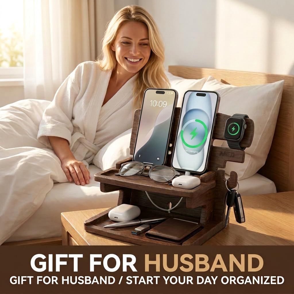 MED Wood Phone Docking Station for Men - Desk or Nightstand Organizer - Birthday Gifts for Husband, Dad - Anniversary