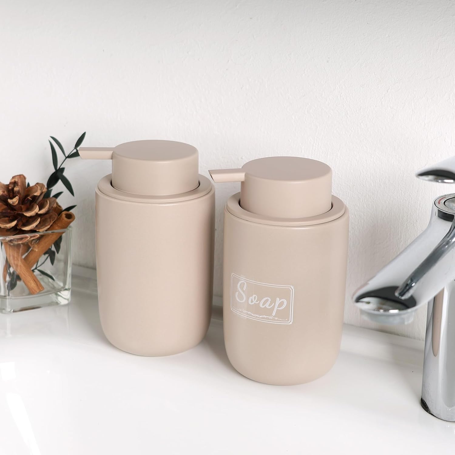 BosilunLife Khaki Soap Dispenser Set - 2 Pack 12oz Ceramic Soap Dispenser | with Rust Proof Pump for Kitchen, Hand Soap