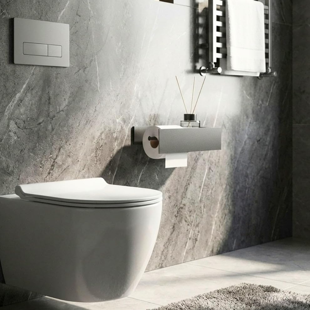 GRANDMIX Wall Mounted Toilet Paper Holder with Shelf – Modern Matte Black Metal Bathroom Tissue Roll Holder with