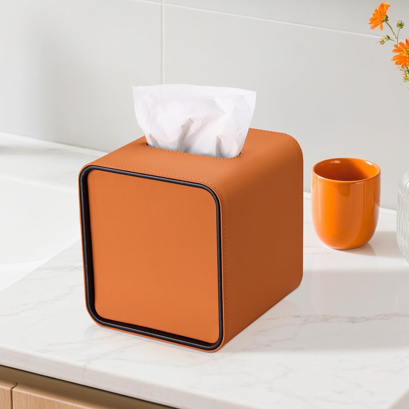 PU Leather Tissue Box Holder / Orange / Square