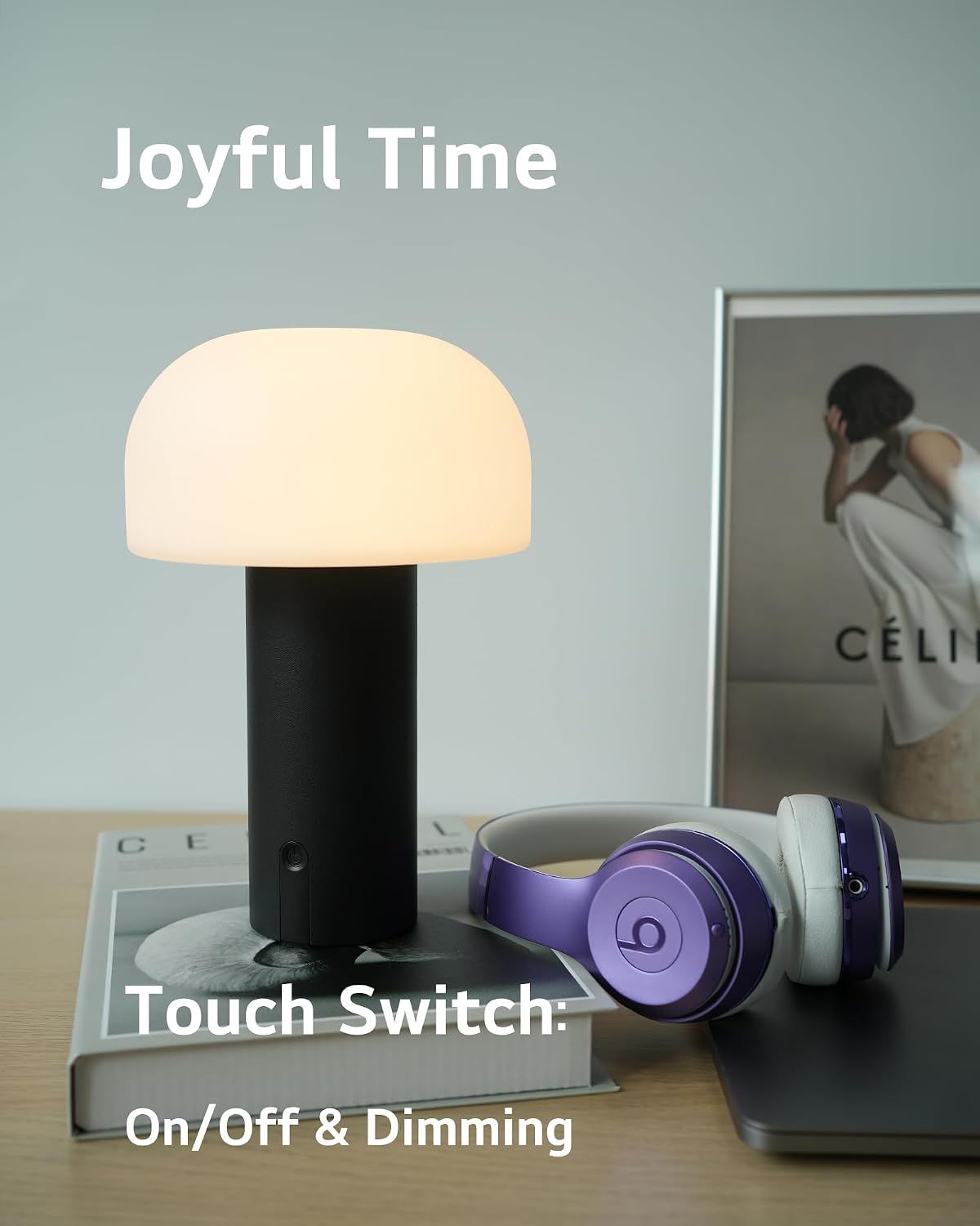 Small Cordless Mushroom Table Lamp, Waterproof Shower Lamp Black | Original Design, Portable Rechargeable, Touch