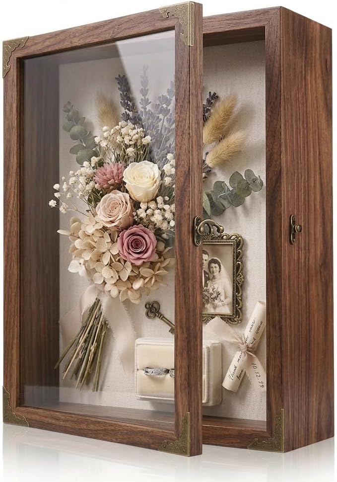 Shadow Box Frame 13x16, Large Memory Display Case with Retro Metal Corner Accents, Carbonized Wood Frame, Linen Back
