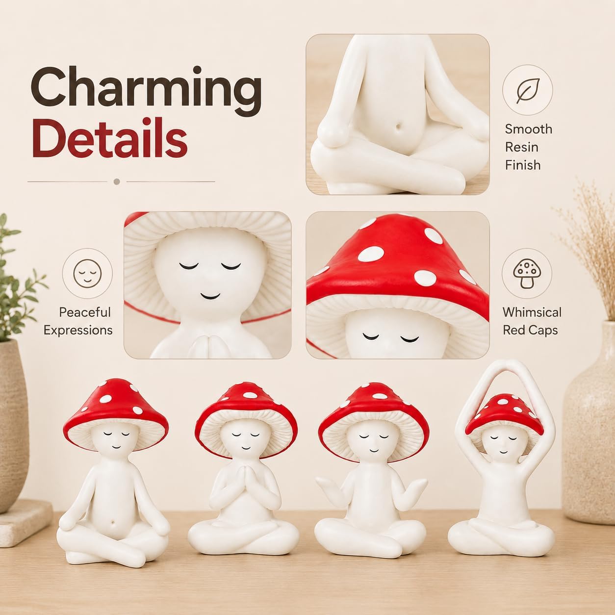 Meditation Mushroom Statue Yoga Mushroom Figurine Tabletop Decor / Red / Set of 4