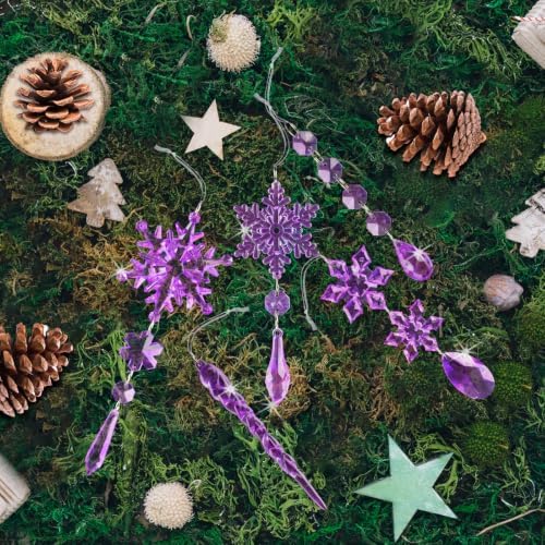 32pcs Crystal Christmas Ornaments for Christmas Tree Decorations-Purple Hanging Acrylic Snowflake and Icicle Ornaments with Drop Pendants for Xmas Winter Wonderland New Year Party Decorations Supplies