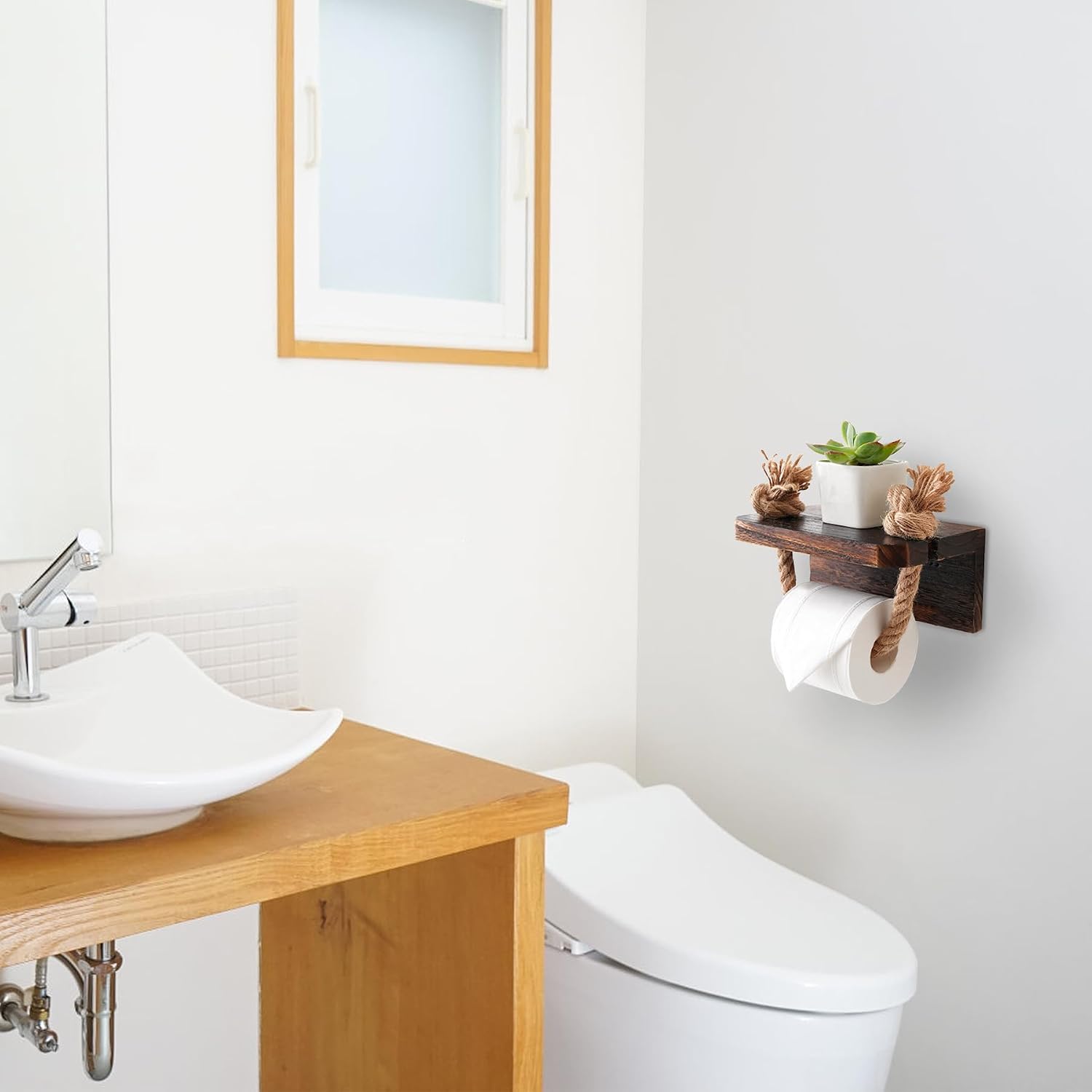 Wooden Toilet Paper Holder with Shelf Farmhouse Bathroom Decor | Rustic Rope Towel Rack Shelf Wall Mount Nautical Beach