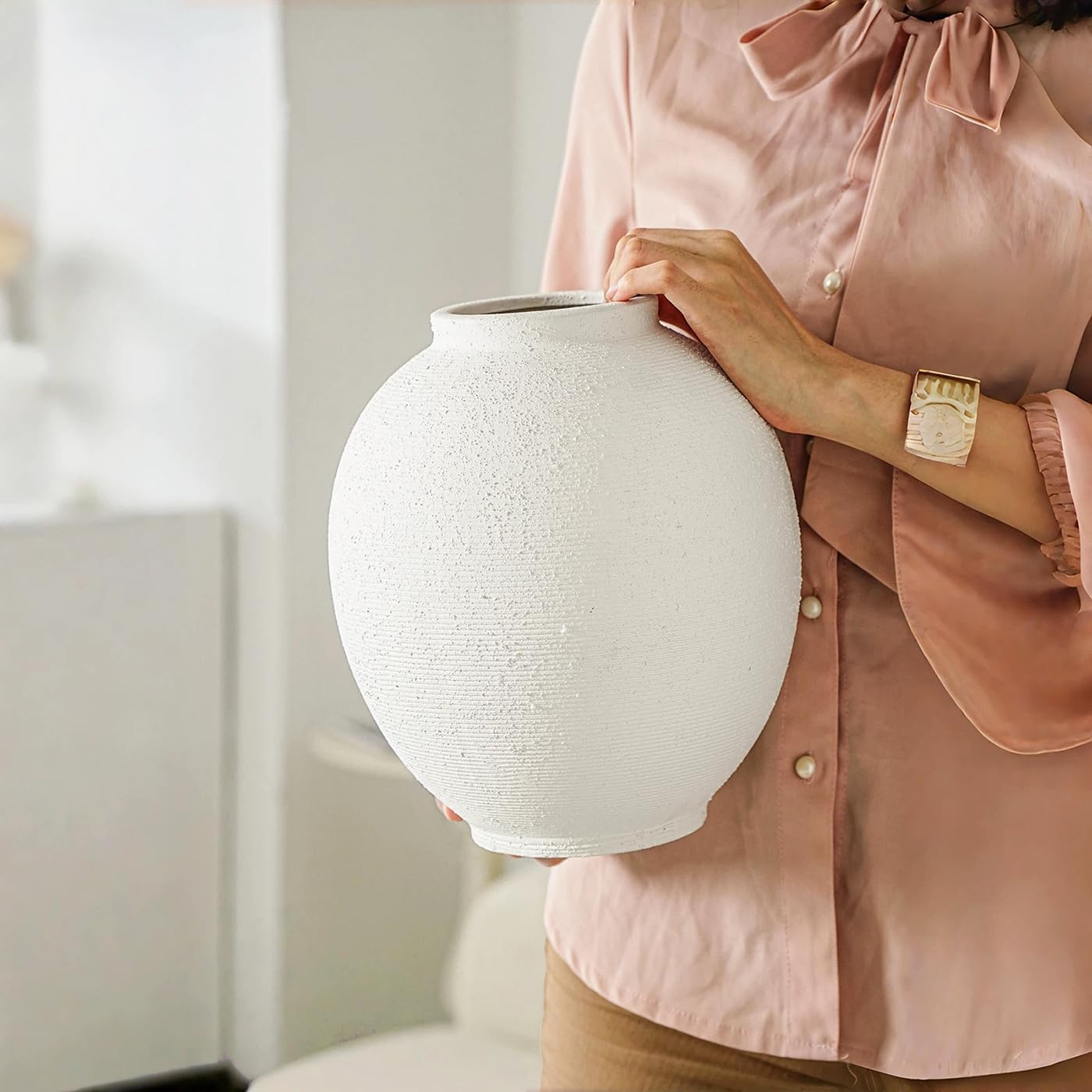 White Ceramic Vase / 9.8"-oval / White-9.8