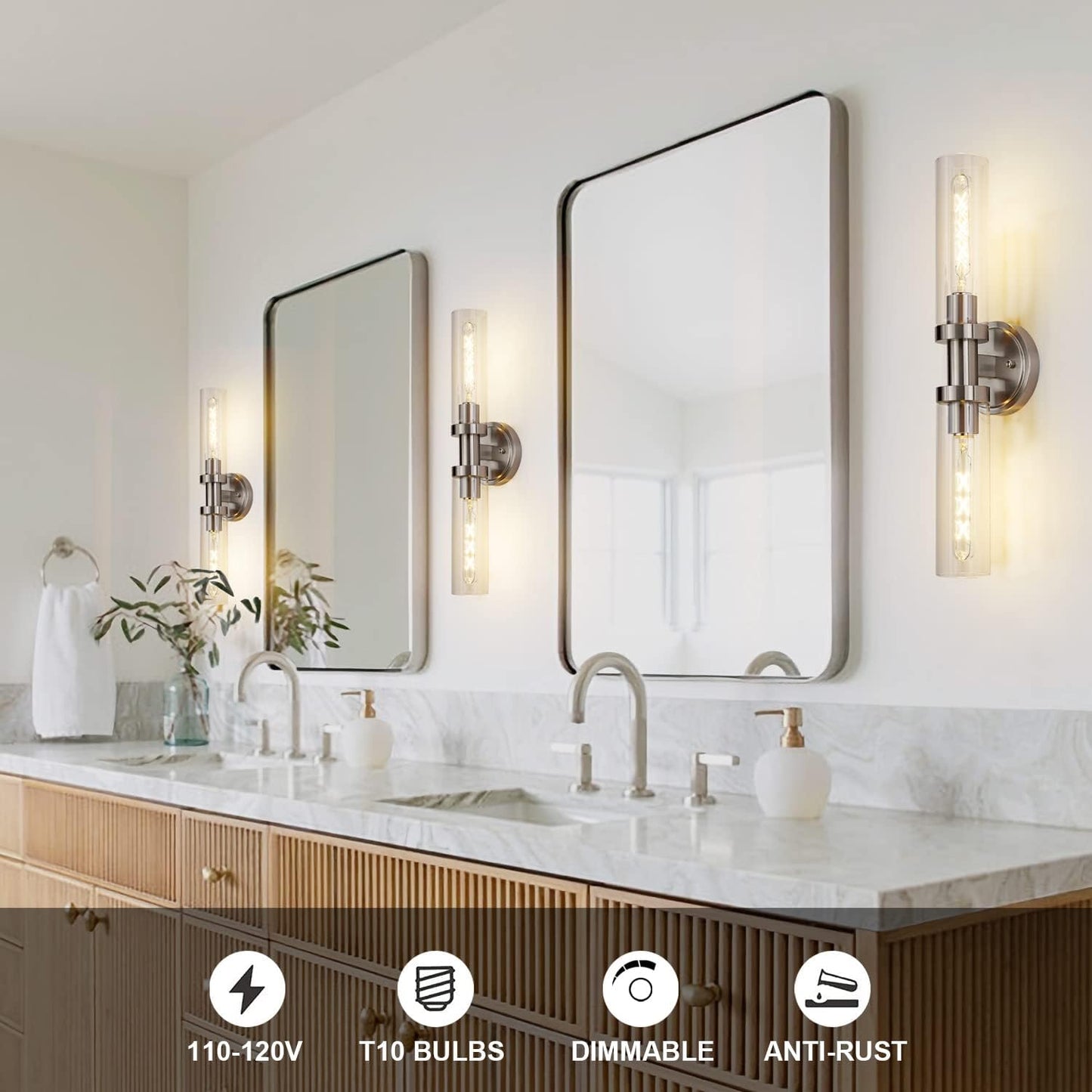 Brushed Nickel 2-Light Bathroom Vanity Light Fixture, Modern Bathroom Sconces Wall Lighting W/Clear Glass Shade
