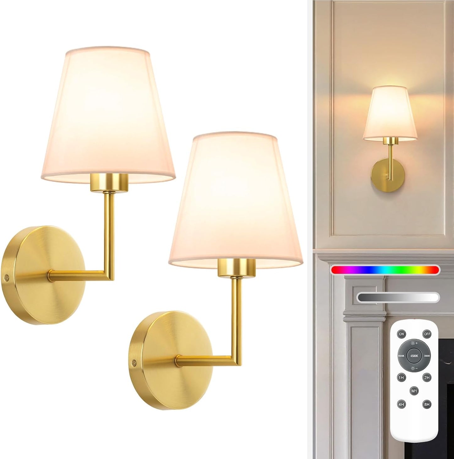 NIORSUN 13.8 inch Battery Operated Wall Sconce Set of 2,Gold Rechargeable Wall Lights with 10400mAh Dimmable Detachable