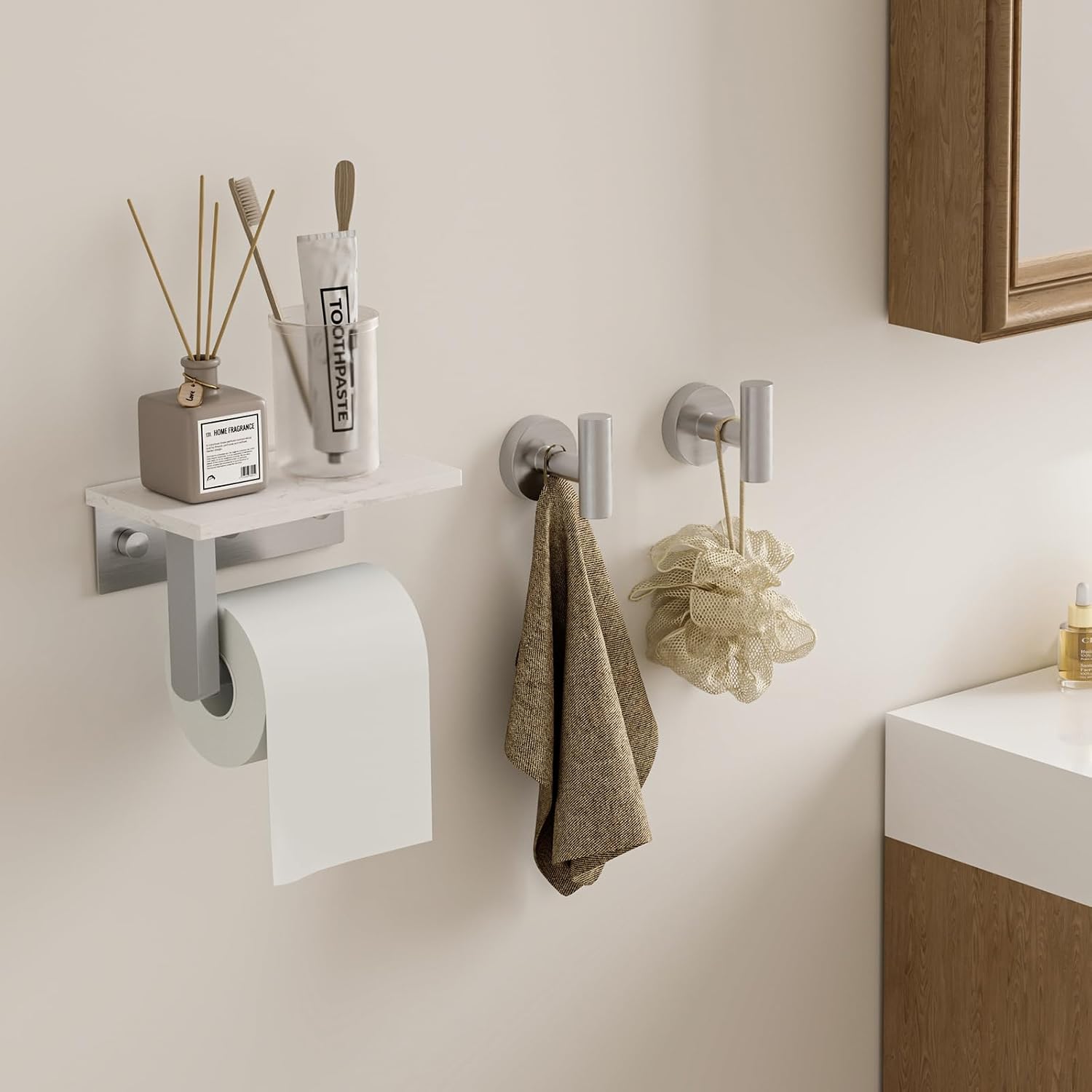 BWE Brushed Nickel Toilet Paper Holder with Marble Shelf Wall Mounted | Toilet Paper Roll Holder with Phone Shelf 304