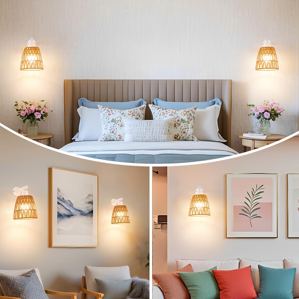 Battery Operated Wall Sconce Set of 2, Boho USB Rechargeable Wall lamp, White Farmhouse Rattan Sconce Lighting with