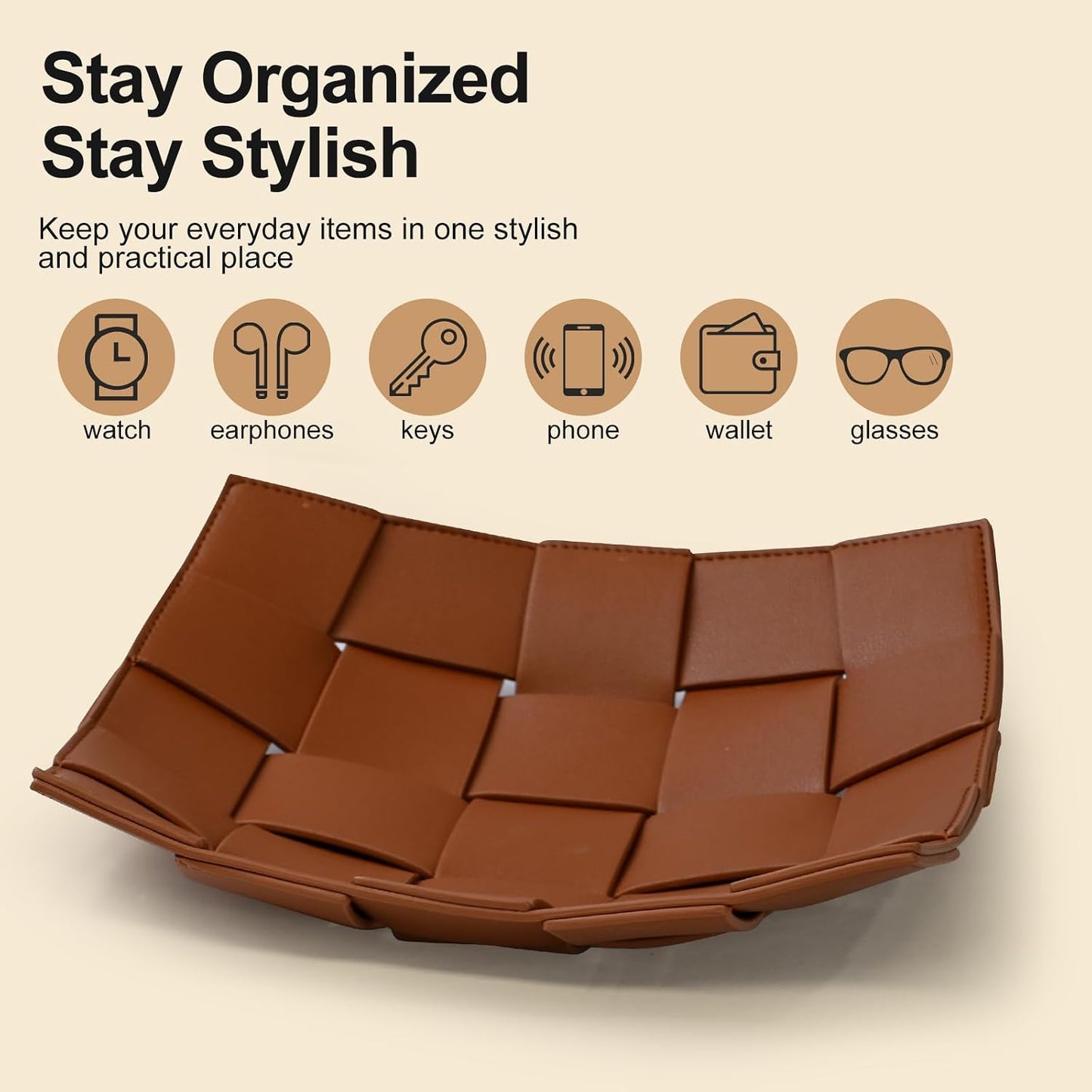 Valet Tray PU Leather Key Holder Bowl for Men and Women Entryway Table Nightstand Catchall / Brown