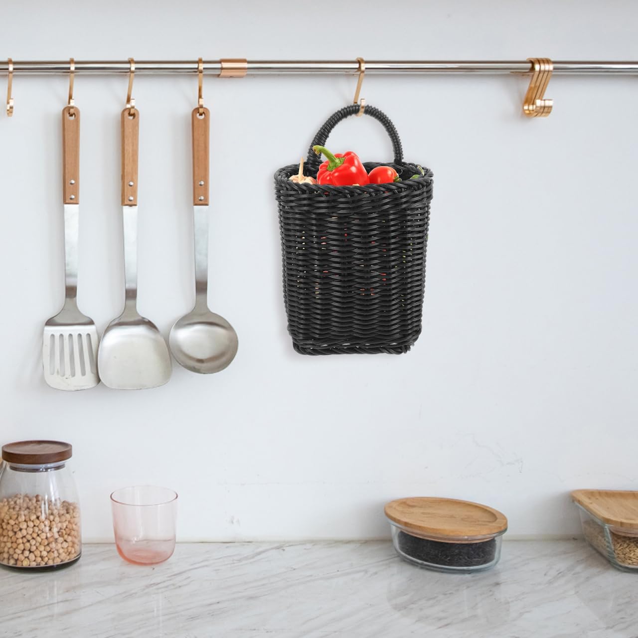 Plastic Wicker Storage Basket Nordic Style Hanging Organizer / Black