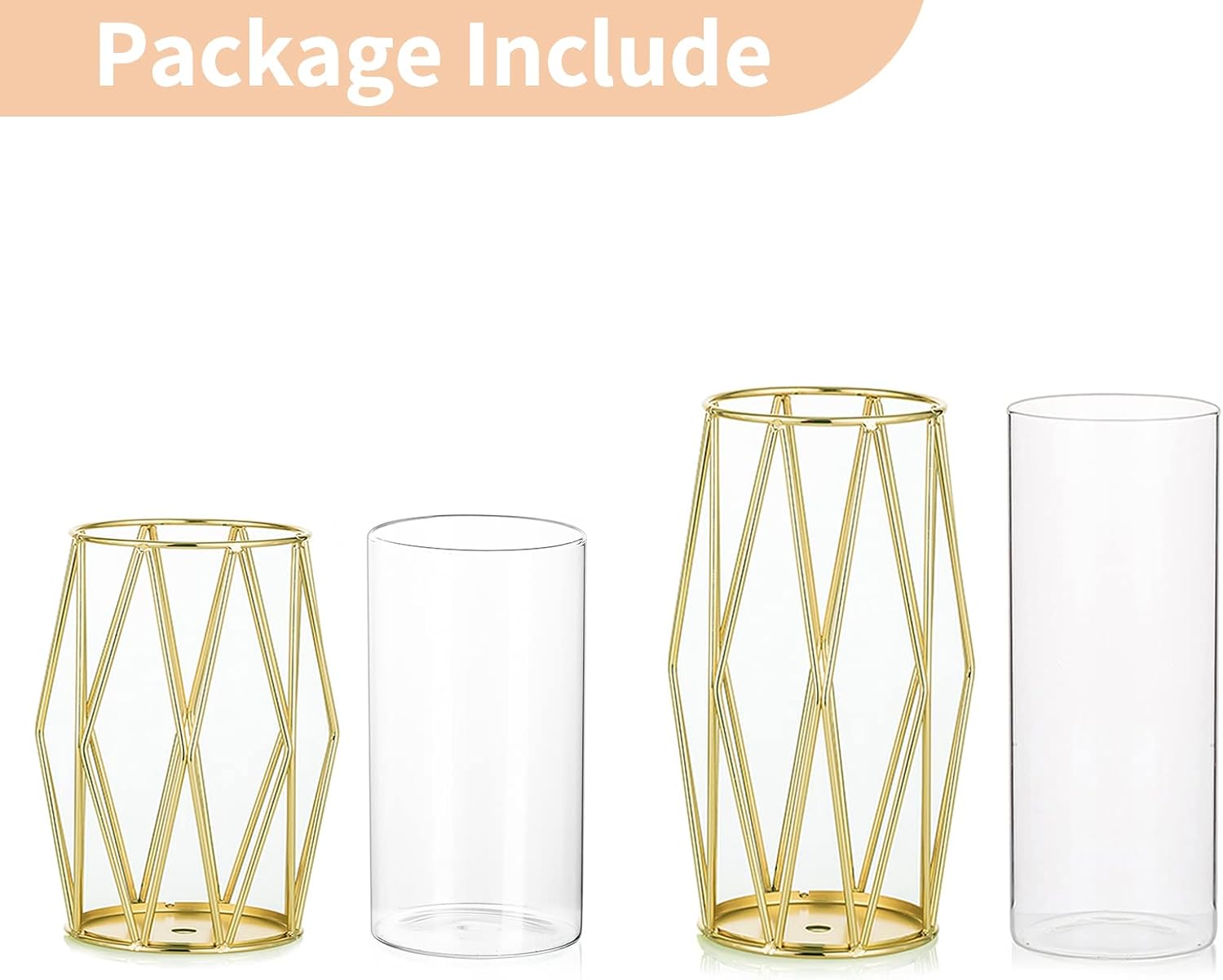 NUPTIO Gold Geometric Hurricane Glass Candle Holders, Set of 2 | 2 Graduated Diamond Frames, Clear Cylinder Vases, for