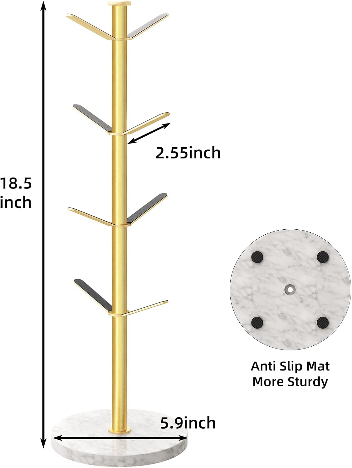 Gypie Gold Mug Holder Tree with Marble Base, 8 Hooks Standard Coffee Cups | Mug Holder Stand, Small Mug Rack for