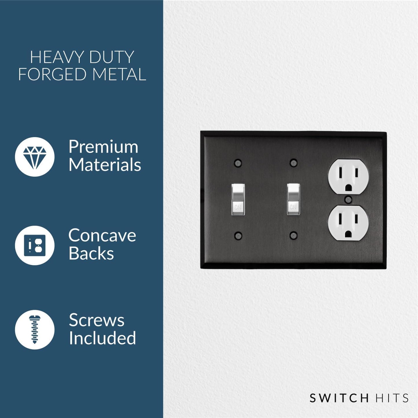 Satin Nickel Black Outlet Wall Plate | 2 Toggle - 1 Duplex | 6.25" x 4.5" | Hand-Polished Brass Construction
