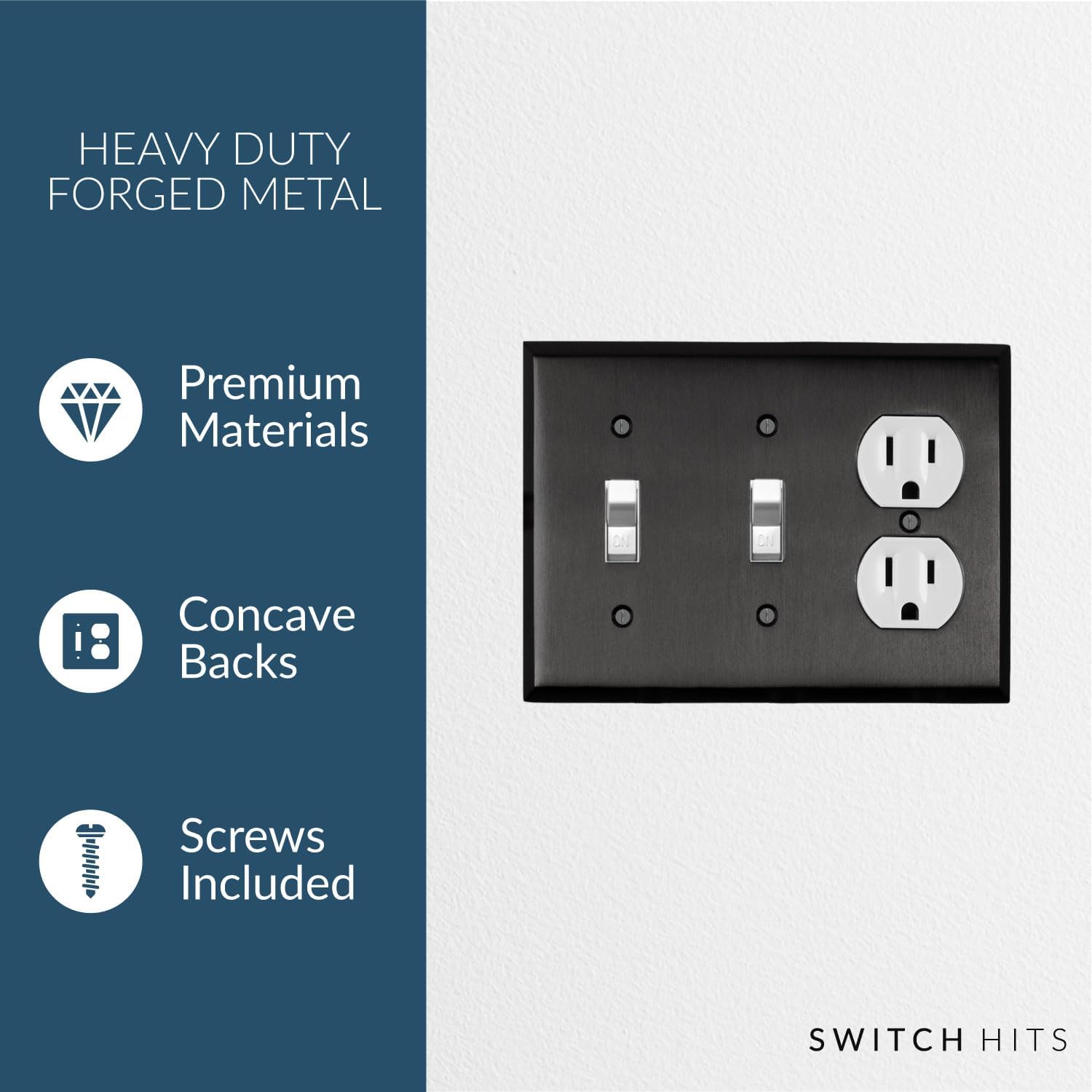 Satin Nickel Black Outlet Wall Plate | 2 Toggle - 1 Duplex | 6.25" x 4.5" | Hand-Polished Brass Construction