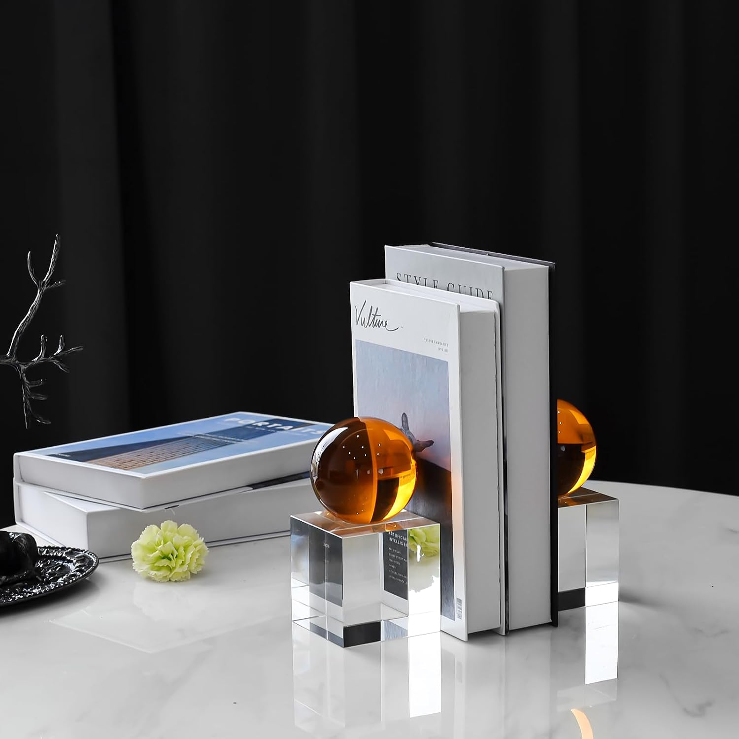 Crystal Bookends / 1 Pair of Decorative Tabletop Bookends / Amber