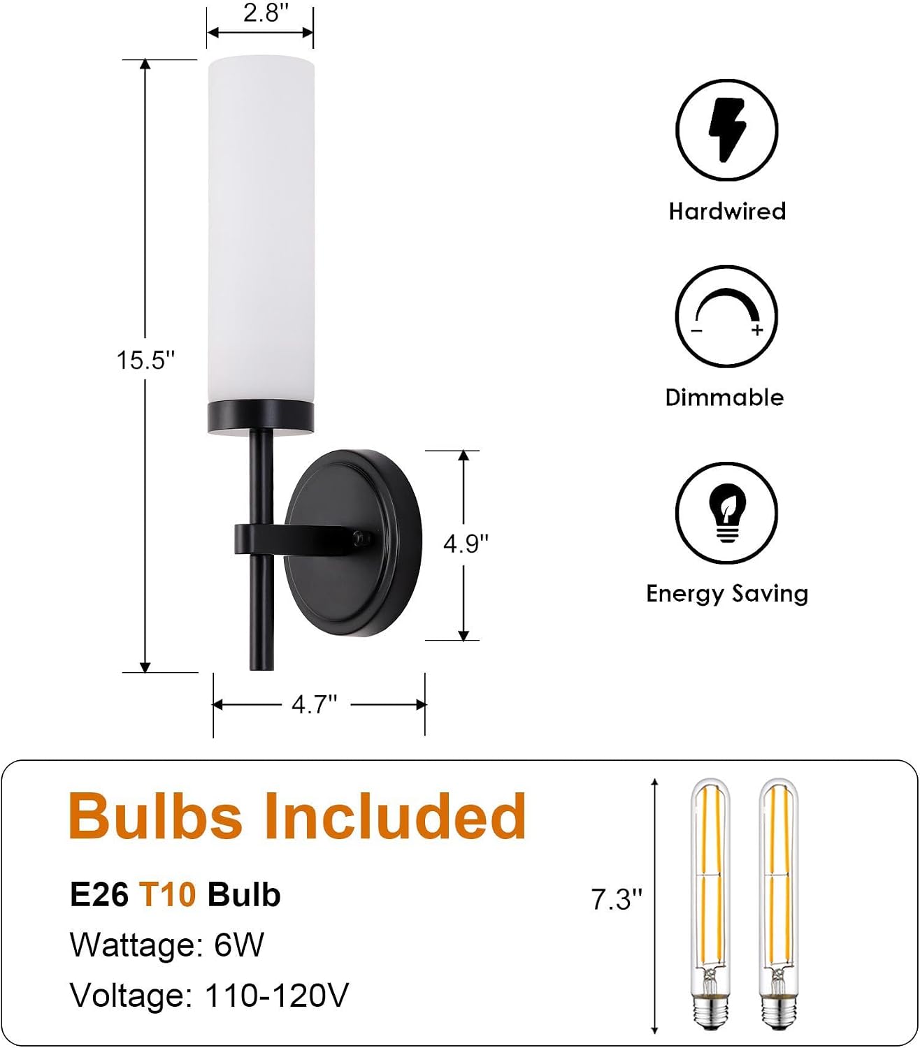 Black Bathroom Wall Sconces Set of 2, Modern Sconces Wall Lighting Vanity Lights with Opal White Glass Shade, Farmhouse