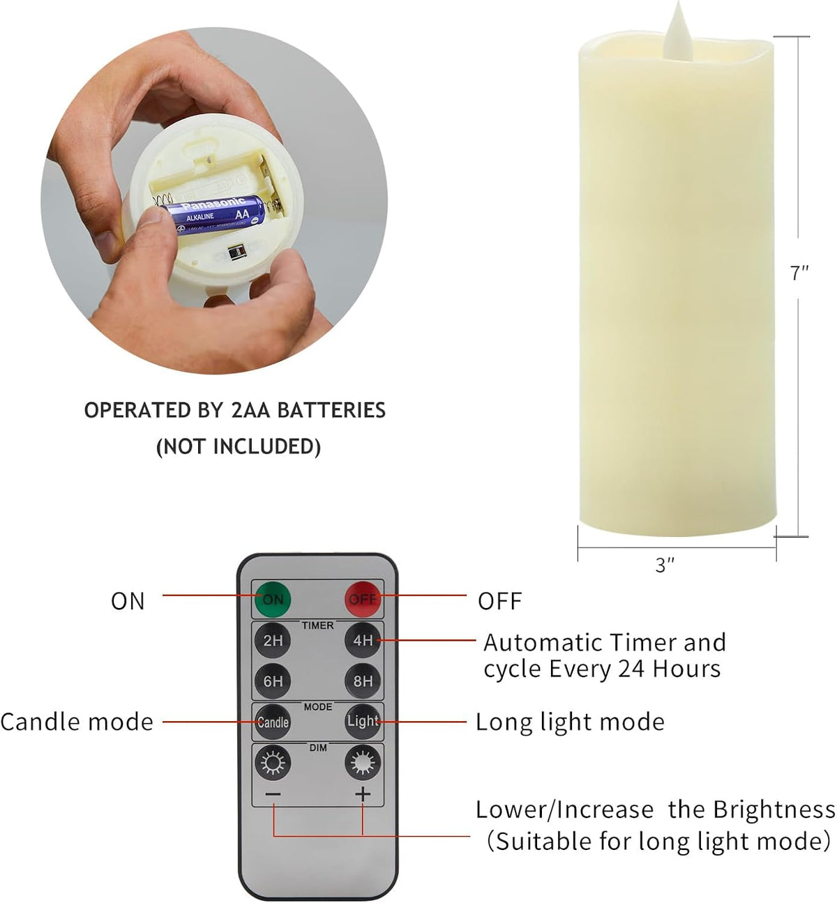Flameless LED Candles 3"x7" Set of 2, Battery Operated with Remote & Timer, 600-Hour on 2 AA Batteries, Flickering