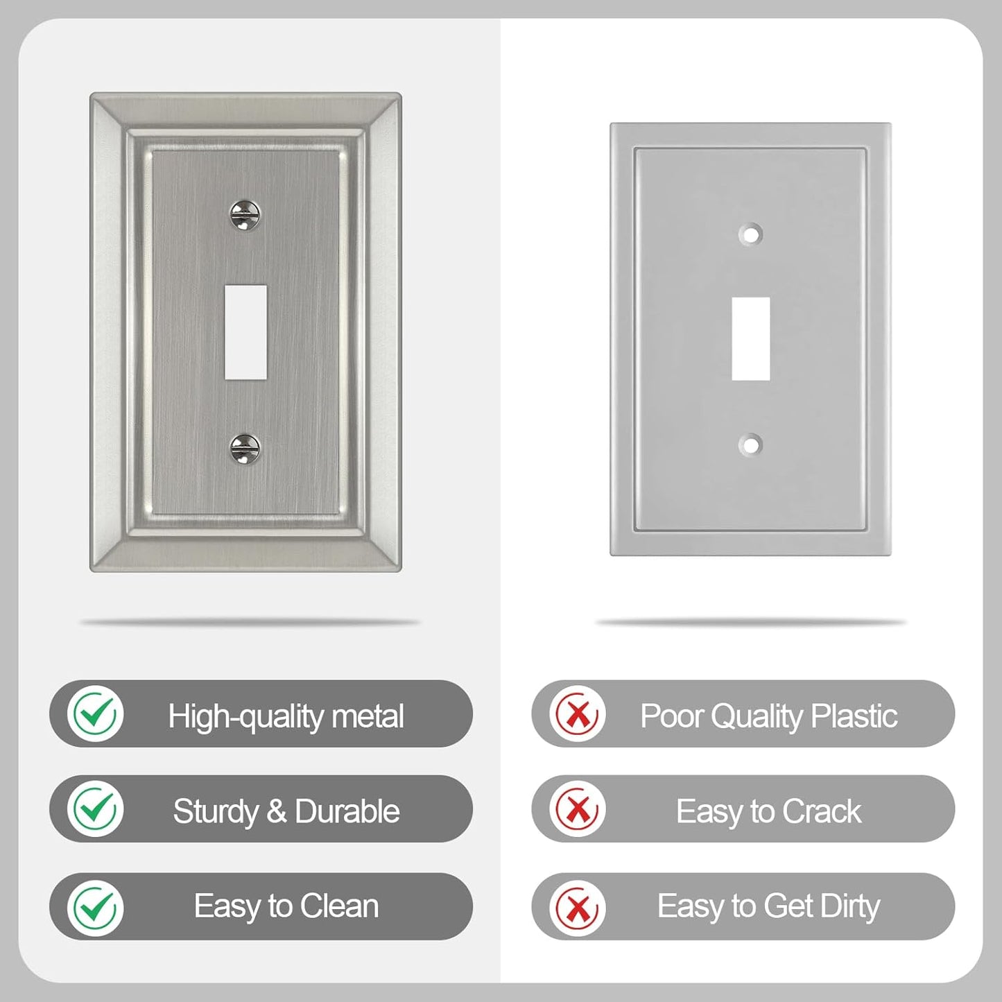 Metal Wall Plate for Light Switch, Applicable to Single Toggle, 6 Pack | Decorative Brushed Nickel Light Switch Cover
