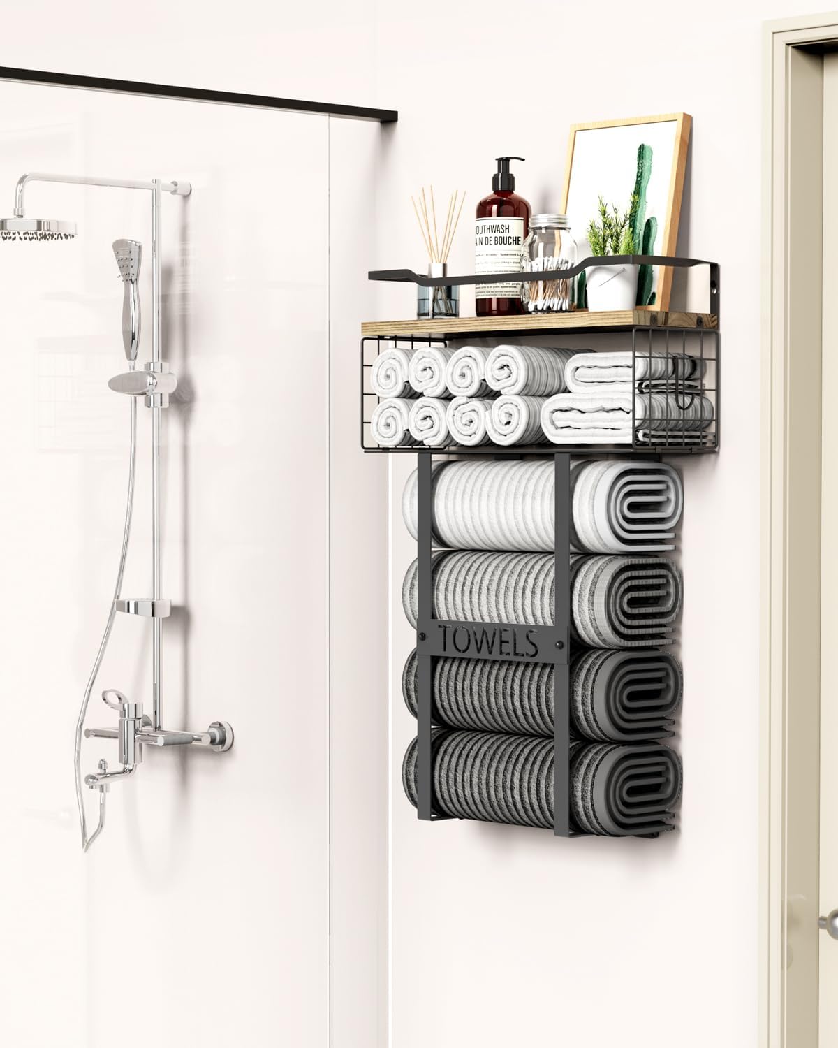 Towel Racks for Bathroom Wall Mounted - Bath Wall Towel Holder Set Above Toilet Storage, Rolled Towel Shelf Organizer