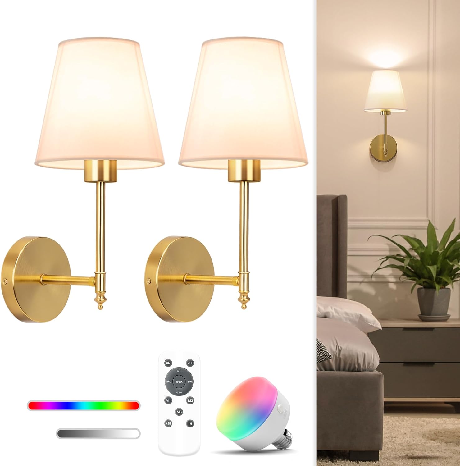 NIORSUN 14.5 inch Battery Operated Wall Sconce Set of 2,Gold Rechargeable Wall Lights with 10400mAh Dimmable Detachable