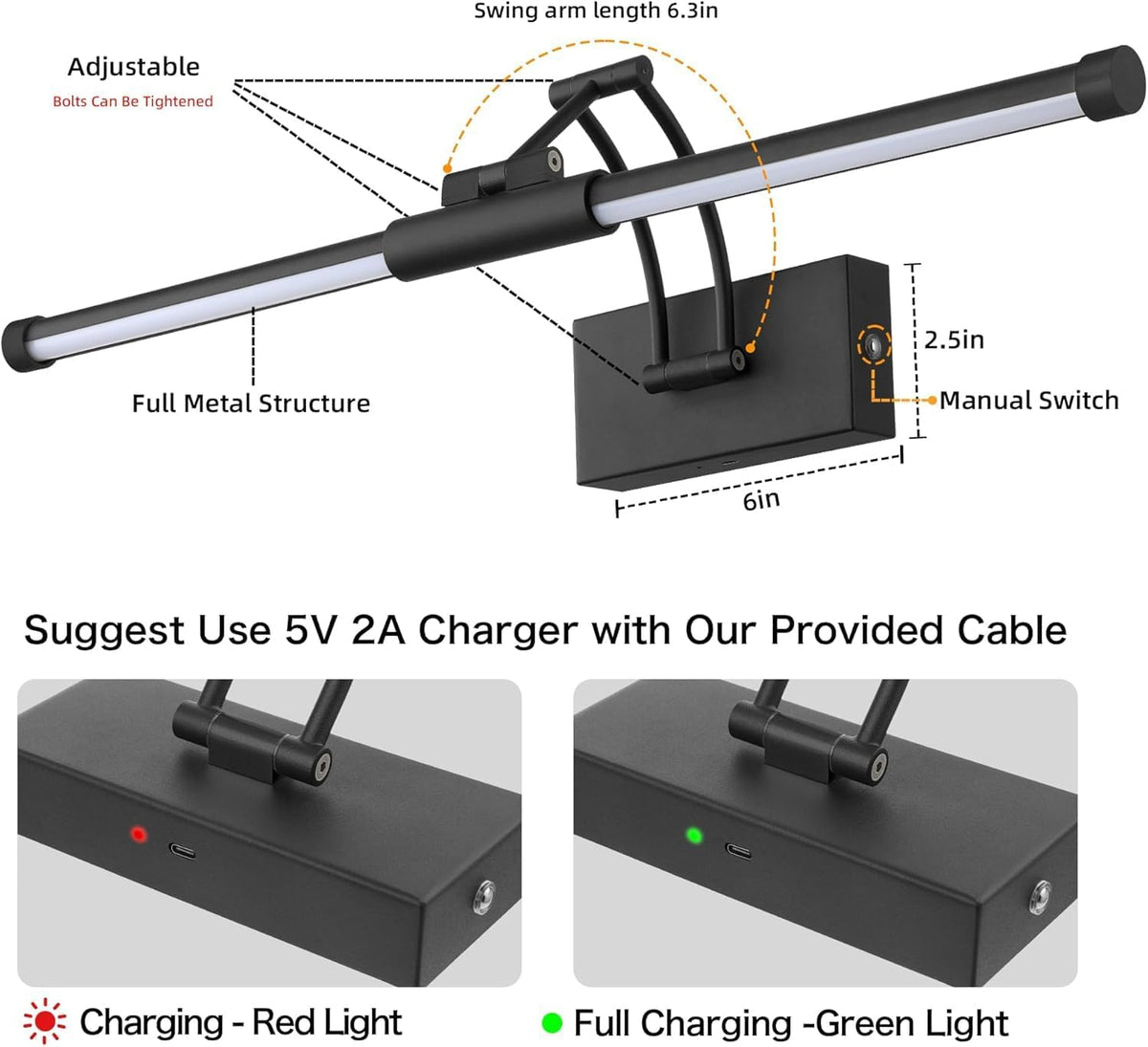 24" Picture Lights for Wall, 8000mAh Rechargeable Wireless Remote | Battery Operated Art Light 3000K/4000K/6000K