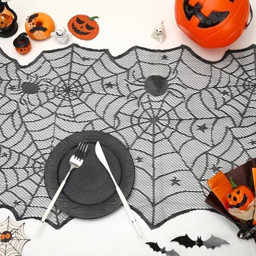 2 PCS Halloween Decorations Table Runner with Black Lace Spider Web 72 Inch
