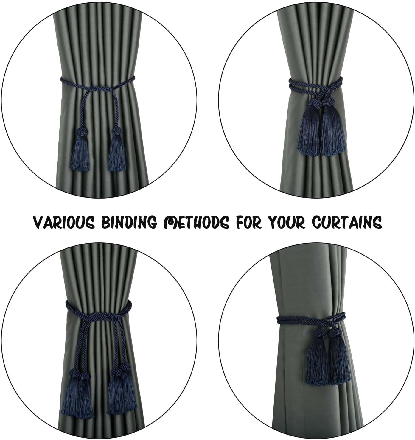 BEL AVENIR 6 Pack Handmade Rope Tassel Curtain Tiebacks | Decorative Curtain Holdbacks with Tassel (Navy, 6 Pack)
