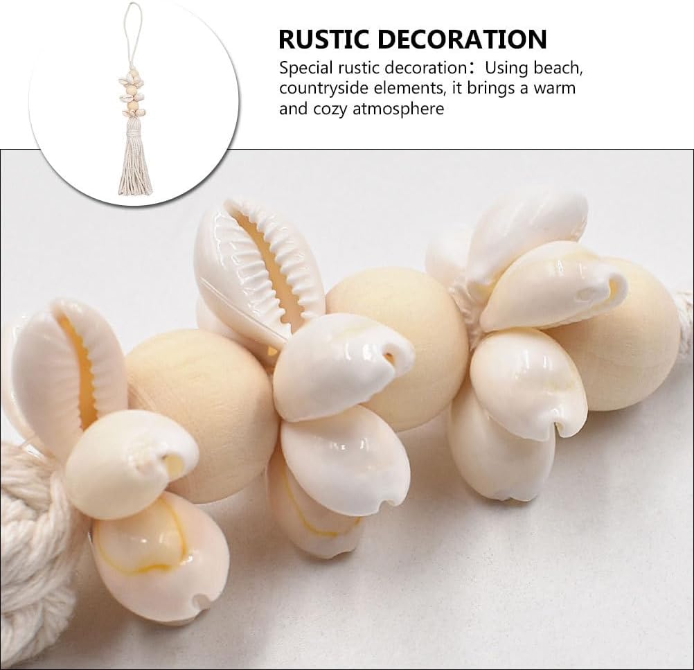 Boho Wood Beads and Shell Tassel Garland Cotton Thread Hanging String / 25 x 1.6 x 1.6 / Cm / Cream