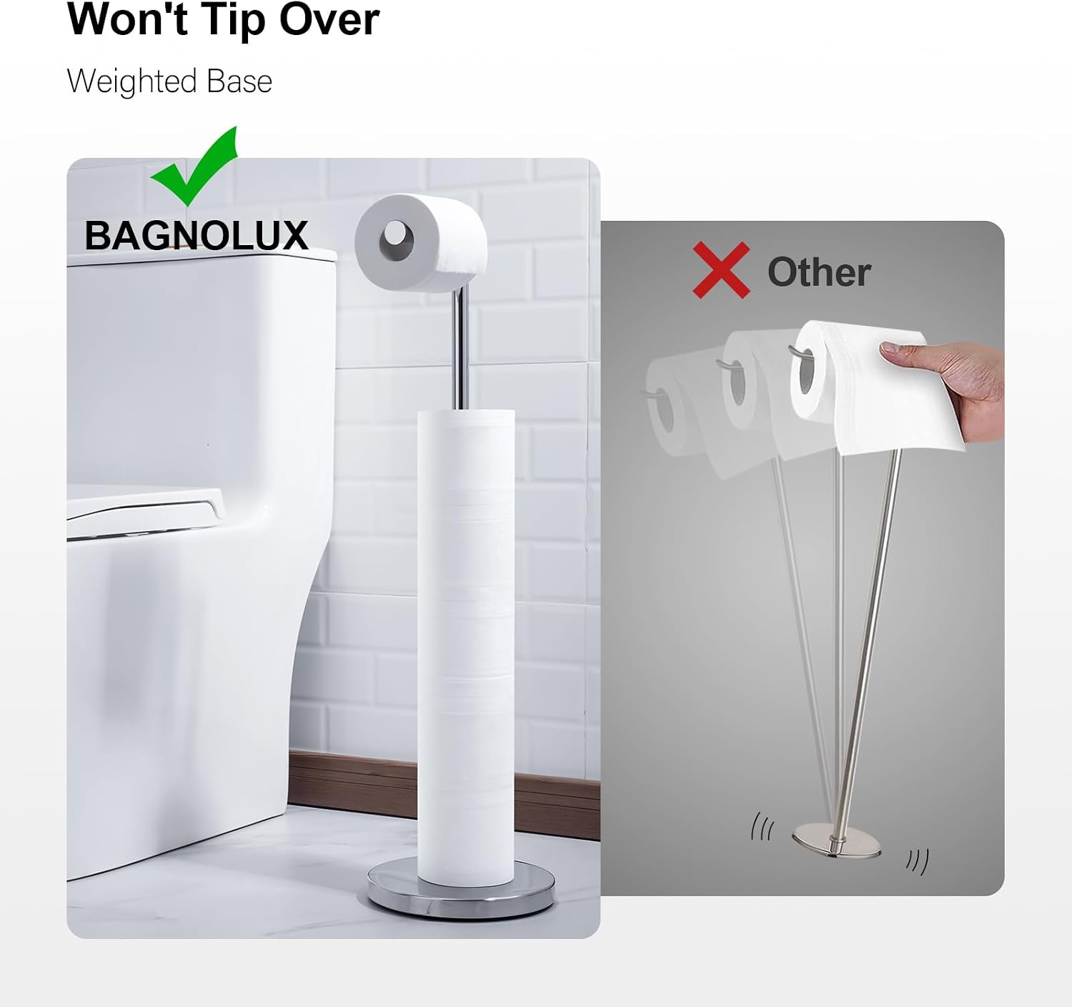 BAGNOLUX Bathroom Toilet Paper Holder Stand with Reserve, SUS304 Stainless Steel Rustproof Pedestal Tissue Roll Holder