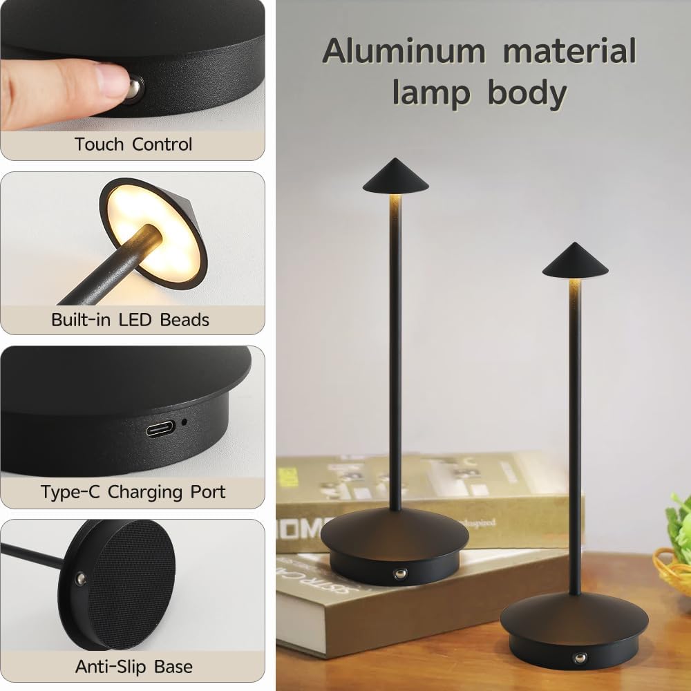 EJQ 2 Pack LED Rechargeable Cordless Table Lamps,Portable Outdoor 5000mAh Battery Operated Table Light Touch Control 3