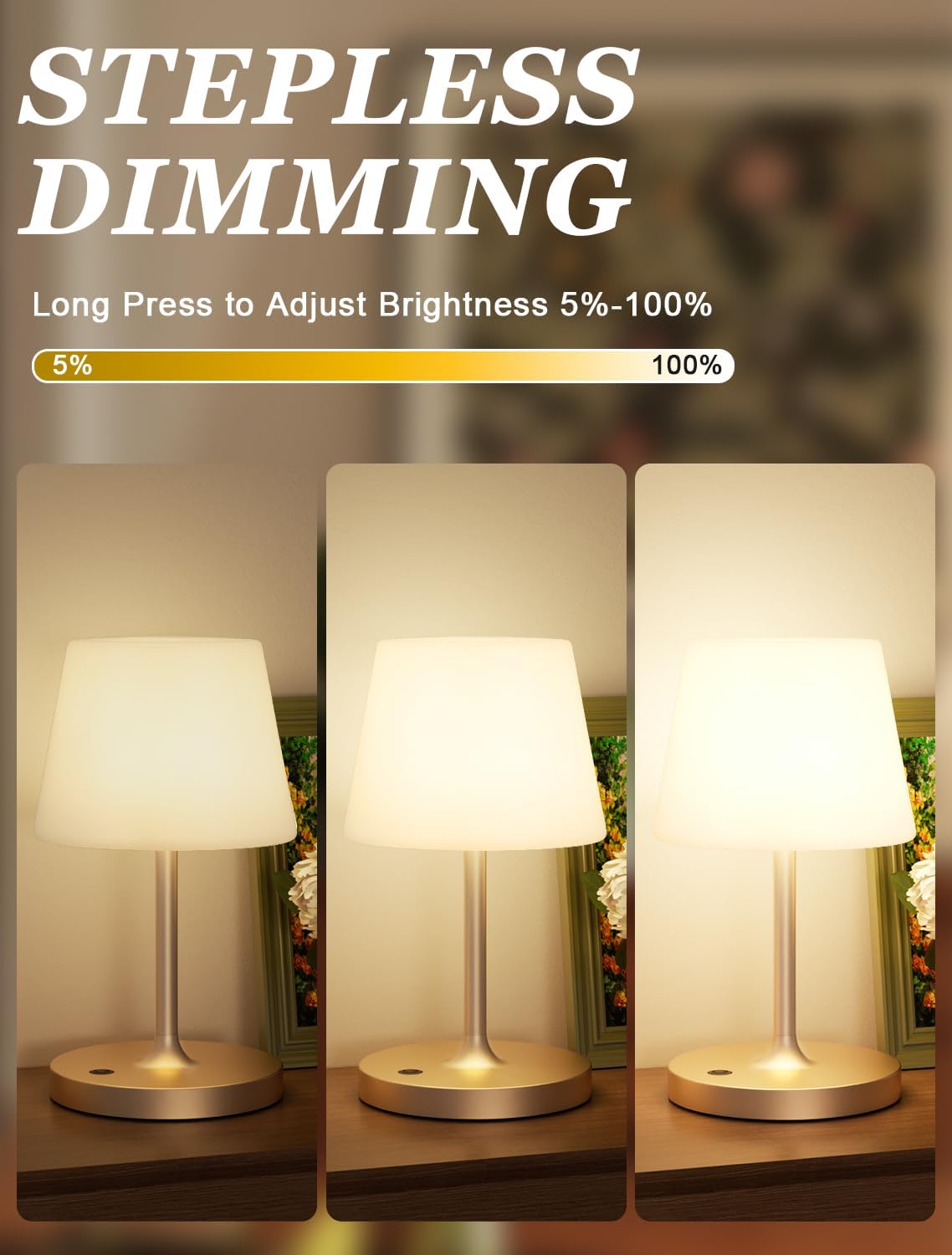 Kakanuo Champagne Gold Shower Lamp Waterproof, Rechargeable Cordless Lamp with 4000mAh Battery, Touch Dimmable Table